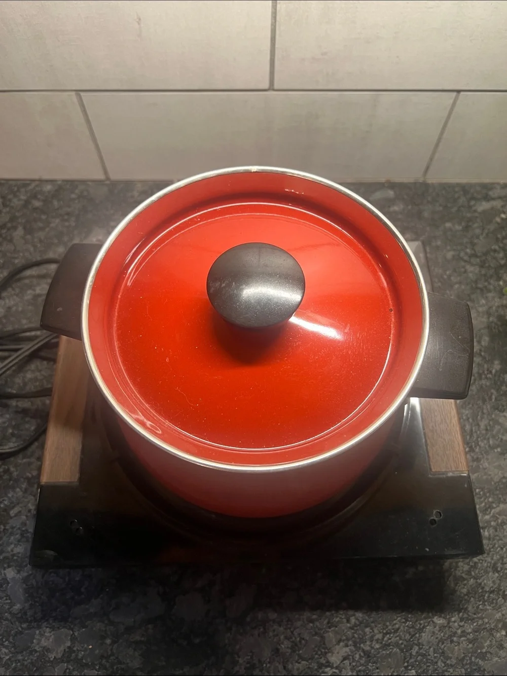 Vintage Electric Red Fondue Pot Set with Lid and Forks by Cornwall MCM charm